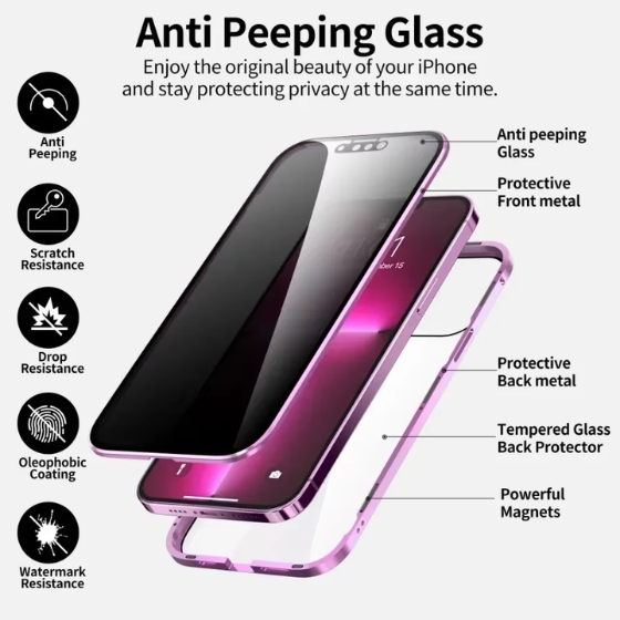 360º Magnetic Shield Case for iPhone with Double Glass and Anti-Peep Privacy Screen